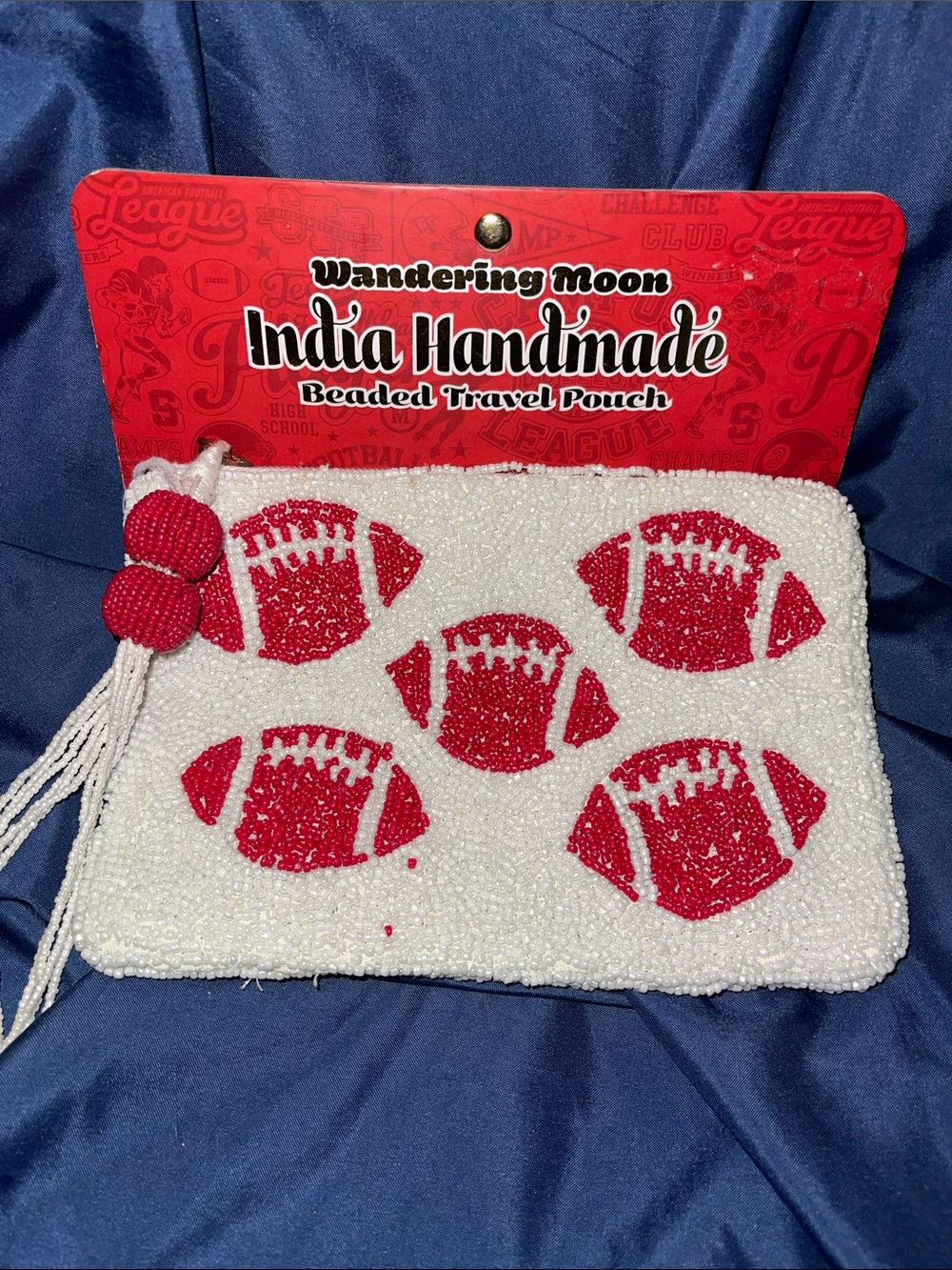 Wandering Moon White & Red Beaded Football Travel Pouch